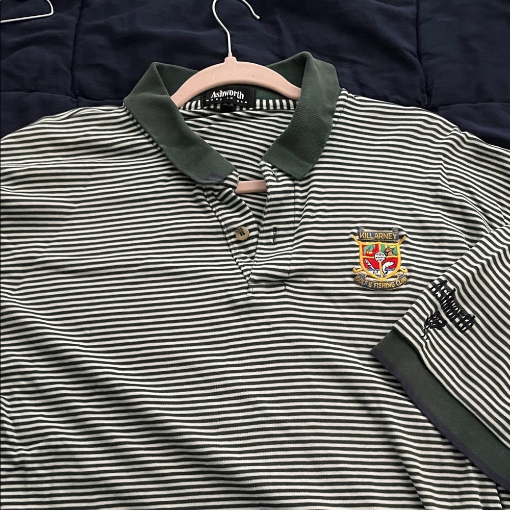 Ashworth Green and White Striped Polo with Embroidered Patch
